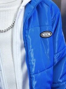 SHEIN Tween Boy Letter Patched Striped Side Zip Up Hooded Padded Coat Without Sweatshirt - Multicolor - View 6