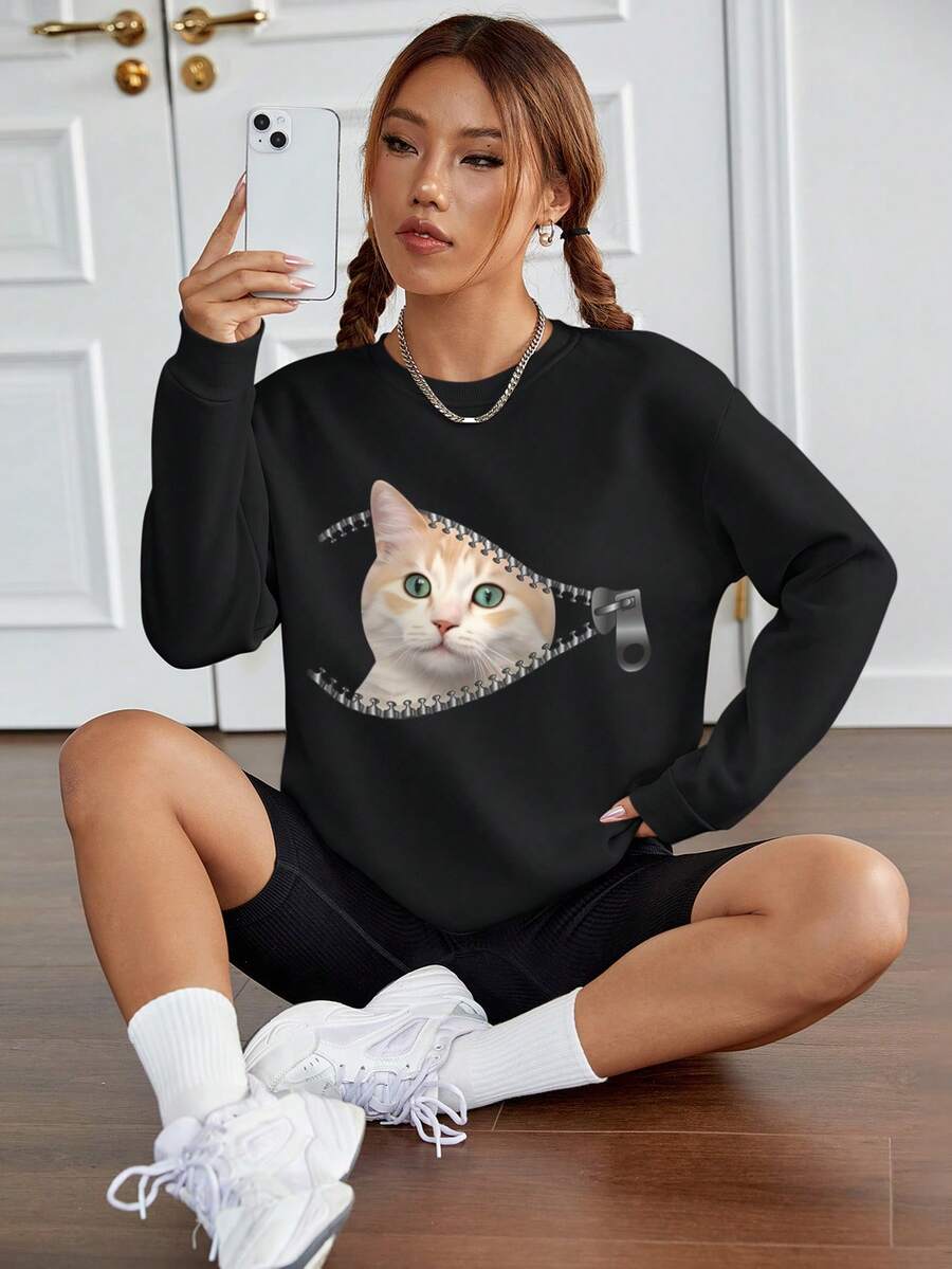 INAWLY Cat Print Drop Shoulder Sweatshirt - Black - View 1