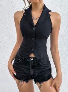 SHEIN Unity 素色前紐扣露背繞頸短款馬甲 - 黑色 - 查看 6