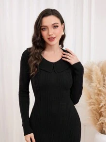 Modelyn Ruffle Trim Bodycon Sweater Dress Fall Cloth For Women - Black - View 4