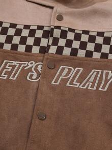 Tween chłopiec Szachownica & Haft literowy Pasiaste wykończenie Kurtka bomberka Bez koszulki - Brązowy - Zobacz 3