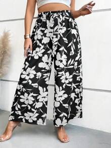 SHEIN Franclia Hơn In hoa Quần ống rộng - màu đen - Xem 4