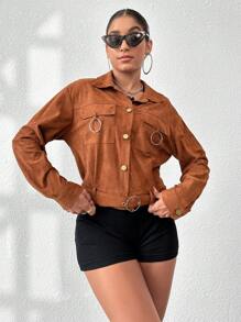 Flirla Flap Pocket Drop Shoulder Jacket Fall Cloth For Women - Rust Brown - View 5