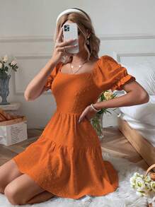 SHEIN Holidaya Đầm xòe tay bồng hở lưng Swiss Dot Tie cho kỳ nghỉ đi biển dành cho nữ - trái cam - Xem 6