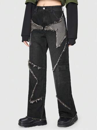 Fairycore Jeans mit geradem Beinschnitt, unbearbeitetem Saum,