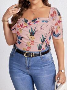 SHEIN Clasi Plus Floral Print Sweetheart Neck Tee - Dusty Pink - View 1