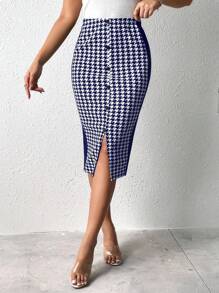 SHEIN Clasi In Houndstooth Nút phía trước Chân Váy xẻ - Màu xanh lam - Xem 3
