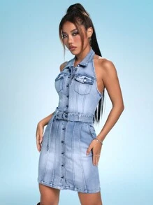 SHEIN ICON Flap Pocket Backless Belted Halter Denim Dress