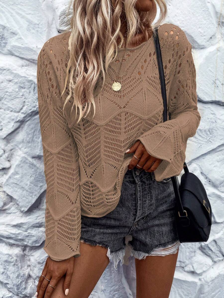 SHEIN LUNE Solid Pointelle Knit Sweater - Khaki - View 1