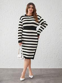 SHEIN Essnce Plus Striped Pattern Drop Shoulder Sweater Dress - Black and White - View 5