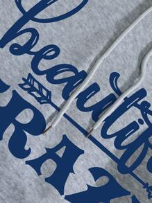 INAWLY 加大码字母图案口袋抽绳保暖内衬卫衣，适合秋冬季节穿着 - 淺灰色 - 查看 3