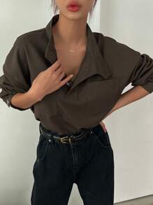 DAZY 半扣落肩口袋贴布衬衫，秋季服装长袖上衣 - 咖啡棕 - 查看 7