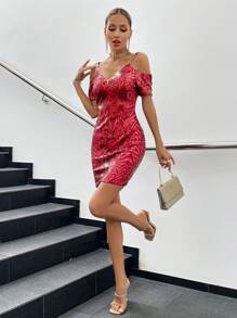 Allurite 挖肩亮片緊身洋裝 - 酒紅色 - 查看 5