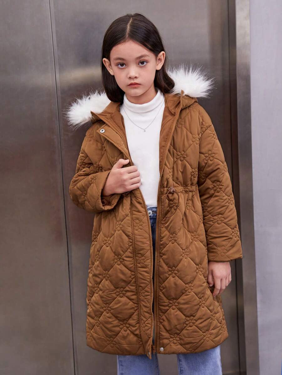 SHEIN Tween Girl Fuzzy Trim Hooded Drawstring Waist Padded Coat