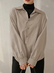 DAZY 条纹印花落肩衬衫、长袖上衣、返校服 - 杏色 - 查看 4