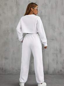 Flirla 素色落肩袖短款運動衫和運動褲 - 白色 - 查看 2