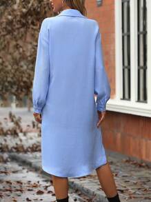 SHEIN LUNE Solid Button Front Shirt Dress - Blue - View 2