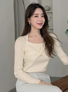 DAZY 扭結正面方領肋編針織毛衣 - 杏色 - 查看 8