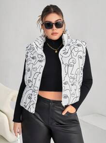 SHEIN Essnce Plus Size Sketch Graphic Pattern Vest, Casual Daily Wear Winter Jacket - White - View 5