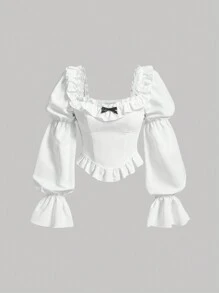 SHEIN MOD Ruffle Trim Flounce Sleeve Bow Front Ruffle Hem Blouse - White - View 1