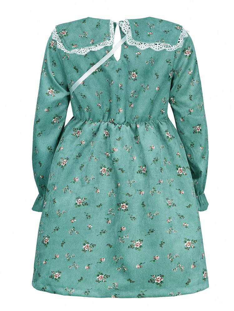 Young Girl Ditsy Floral Print Flare Sleeve Dress With Bag