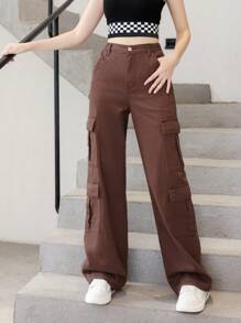 New Teenage Girls' Casual Fashionable Workwear Style Multi-Pocket Brown Washed Denim Straight Leg Pants, All Seasons