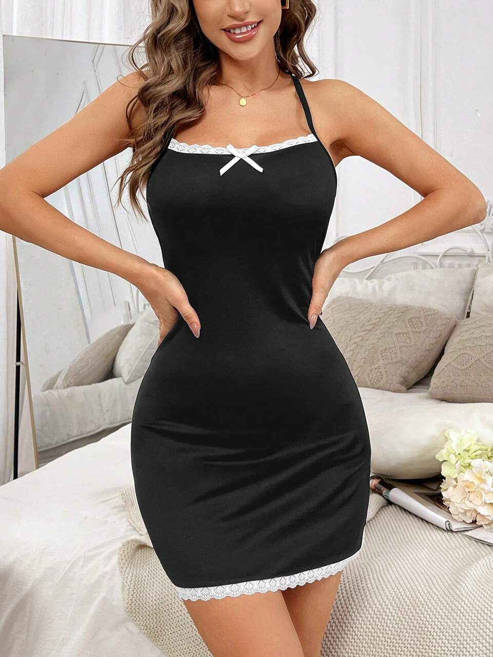 Contrast Lace Bow Front Cami Pajama Nightdress Holiday Season