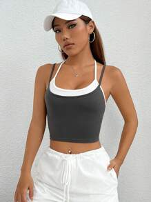 Muchica Khối màu 2 trong1 Cami ngọn - Xám - Xem 3