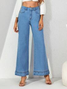 SHEIN Essnce 鈕扣 口袋 拉鍊純色女士牛仔褲 - 淺色水洗藍 - 查看 1