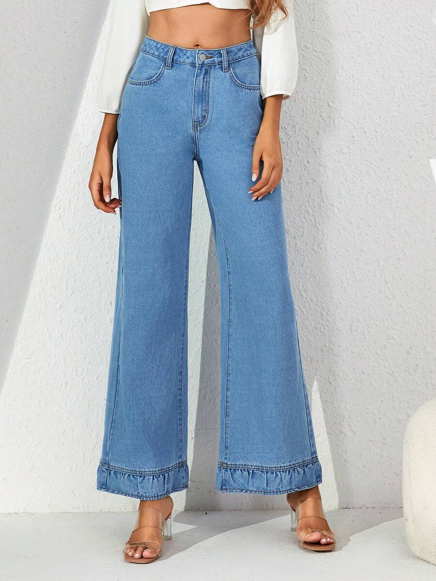 SHEIN Essnce 鈕扣 口袋 拉鍊純色女士牛仔褲 - 淺色水洗藍 - 查看 1