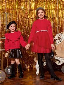 SHEIN Tween Girl Mesh Hem Sweater Dress - Red - View 6