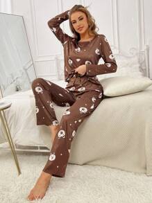 Cartoon Graphic Tee & Pants PJ Set / Pajama Set, Fall Winter Clothes Cozy And Elegant Details