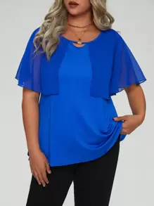 Calvaya Plus Solid Butterfly Sleeve Tee - Blue - View 1