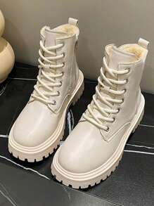 秋冬新款女士时尚休闲纯色雪地靴，蓬松衬里系带前拉链侧边米色靴子，毛皮靴