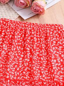 SHEIN 女孩褶邊吊帶上衣和碎花裙子套裝 - 紅白色 - 查看 3