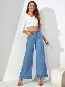 SHEIN Essnce 鈕扣 口袋 拉鍊純色女士牛仔褲 - 淺色水洗藍 - 查看 4