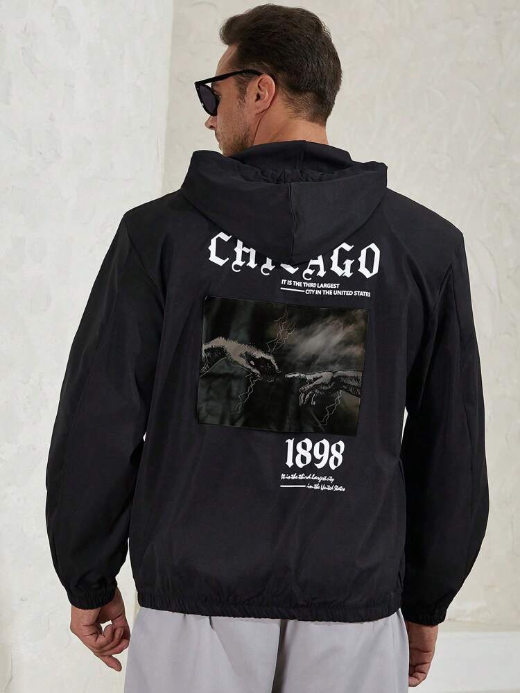 Men Plus Slogan Hand Graphic Half Zip Drawstring Hooded Jacket