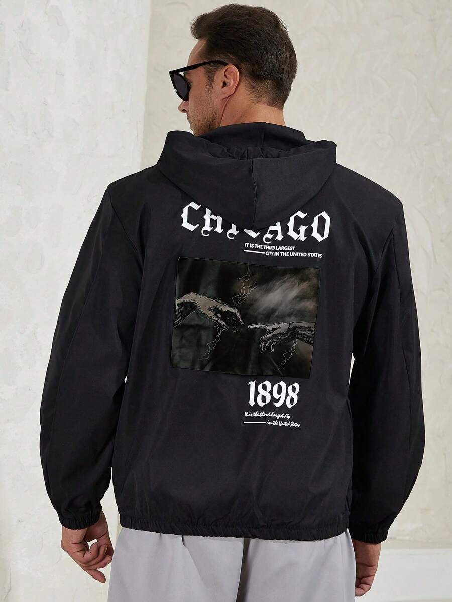 Manfinity Homme Men Plus Slogan Hand Graphic Half Zip Drawstring Hooded Jacket - Black - View 1