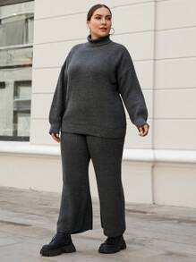 RueChic Plus Turtleneck Drop Shoulder Sweater & Knit Pants, For Winter - Dark Grey - View 5