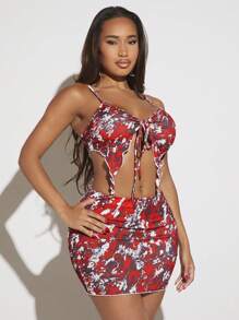 SHEIN SXY In hoa Tie Trước Cami ngọn & Váy bodycon - Đỏ - Xem 4