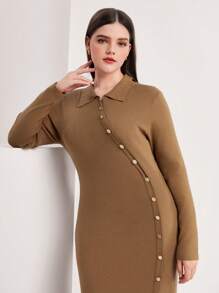 Mulvari 大碼前紐扣條紋針織毛衣洋裝 - 駝色 - 查看 4