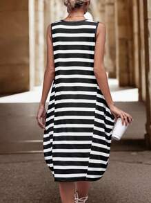 SHEIN LUNE Striped Print Tank Dress - Black and White - View 2
