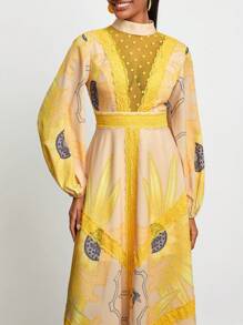 ISELACOS 设计师花卉印花深 V 领蕾丝长款优雅连衣裙，适合度假 - 黃色 - 查看 4