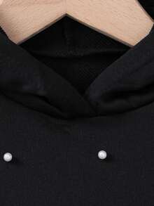 SHEIN 年轻女孩珍珠落肩卫衣 - 黑色 - 查看 6