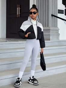 Tween Girl Casual Dày Cổ Đứng Màu Khối Chắp Vá Độn Áo Thu Đông - Bụi hồng - Xem 5