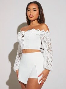 SHEIN SXY Áo sơ mi nữ Tương phản ren Ren lên Dải chun màu trơn Thanh lịch - trắng - Xem 5