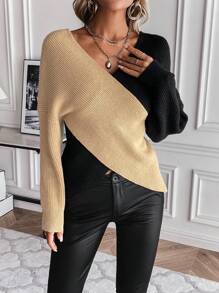 SHEIN Unity Two Tone Crossover Batwing Sleeve Sweater - Khaki - View 4