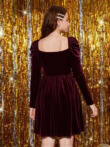 Rotes Samtkleid mit Schmetterlingskragen und Gigotärmeln für Teenager-Mädchen, vielseitig einsetzbar für Valentinstag, Neujahr, Partys, Feiertagsoutfits - Bordeaux - Übersicht 2