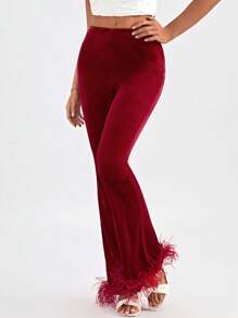 SHEIN Privé Fuzzy Hem Velvet Flare Leg Pants