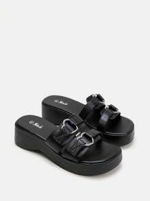 SheIn ICON Quý cô Đúng mốt Ngoài trời Giải trí Dép xăng đan Với Kim loại Hình trái tim Đồ trang trí - màu đen - Xem 1